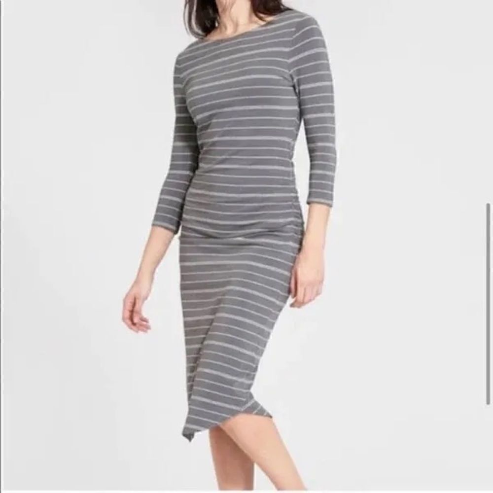 Athleta Comeback Midi long sleeve jersey dress Grey & white stripes- Size Small